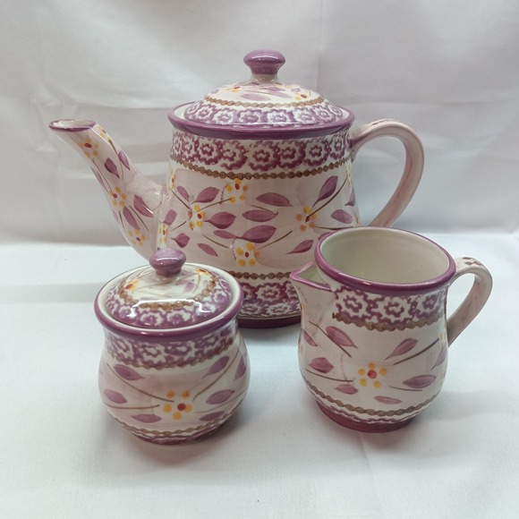 Temptations Other - Temp-tations Old World Cranberry Tea Set TeaPot Sugar Bowl W/ Lid Creamer